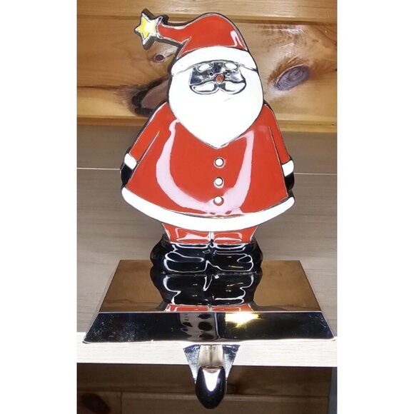 Metal Enamel SANTA CLAUS Christmas STOCKING HANGER Mantel Holder Hook Holiday - Picture 5 of 8
